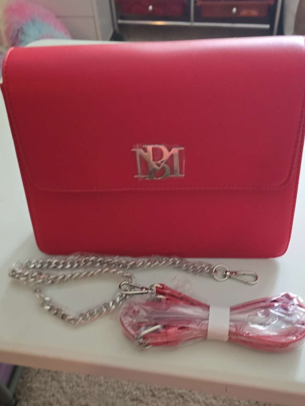 Badgley Mischka Vibrant Red Crossbody with Silver Chain